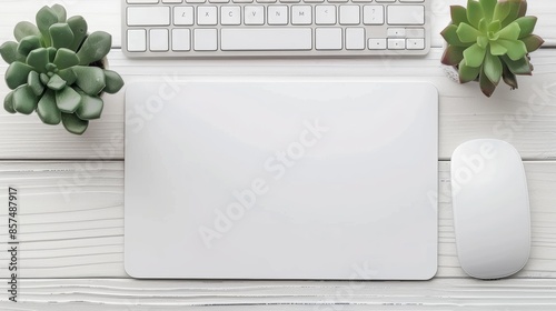 minimalist mousepad mockup with pad, mouse, keyboard and a potted succulent on a white wooden office desk, modern minimal workspace template for your product or design, top view, flat lay