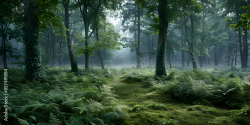 Samambaias exuberantes em uma floresta de neblina