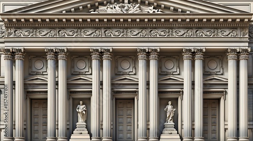 detailed fa? section ade of a neoclassical building with pilasters, pediments, and a frieze decorated with bas-reliefs, illustrating the grandeur of architectural traditions