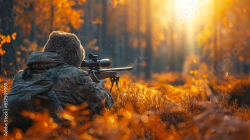 A hunter aiming his rifle at sunrise in an autumn forest. This image captures the intensity and focus of hunting amidst the vibrant fall foliage and the serene morning light.