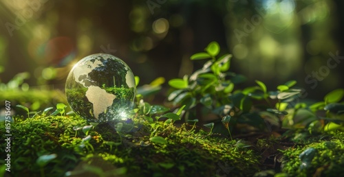 Forest ecosystem. ESG eco concept. Conservation and ecology environment. Nature spring background. Glass globe in forest