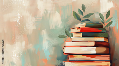 Stack of books resting on abstract painted background illustration