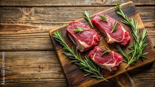 Juicy cuts of red meat adorned with rosemary sprig on a rustic wooden board , steak, meat, red, juicy, glistening, animal fat, fragrant, rosemary, tempting, hearty, satisfying, meal