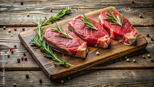Juicy cuts of red meat adorned with rosemary sprig on a rustic wooden board , steak, meat, red, juicy, glistening, animal fat, fragrant, rosemary, tempting, hearty, satisfying, meal