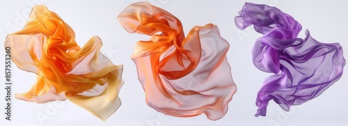 Three Flowing Fabric Scarves in Orange, Peach, and Purple