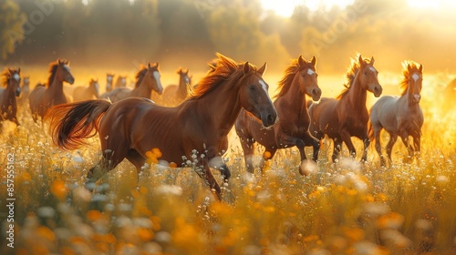 A herd of gallant horses charges through a sunny meadow filled with wildflowers, their strong bodies and flowing manes symbolizing freedom, strength, and the beauty of nature.