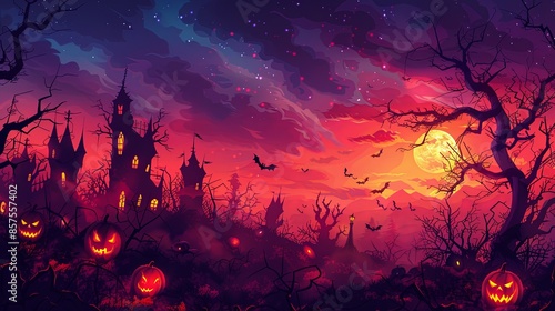 An expansive haunted landscape with silhouetted spooky houses and numerous glowing Jack-o'-lanterns under a blood-red moonlit sky, complete with flying bats.