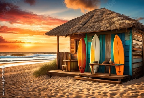 surfboard leaning beach shack, surfing, ocean, waves, sunny, tropical, vacation, coastal, seaside, landscape, scenic, summer, tourism, travel, destination