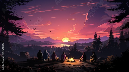 A group of friends having a heartfelt conversation around a campfire, with warm expressions and supportive body language, highlighting the importance of open communication. Illustration, Minimalism,