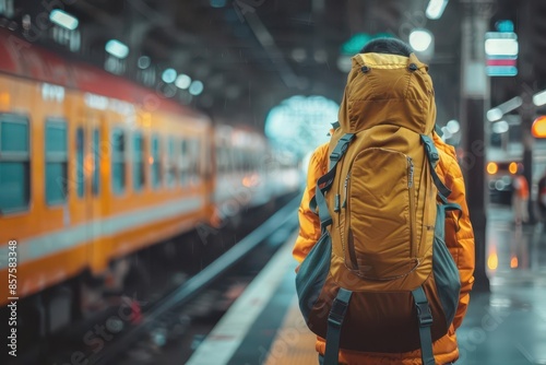 rucksack tourist waiting for train at busy railway station solo travel adventure concept photo