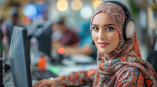 Tech-savvy Muslim Woman in Headset Working at Office Computer