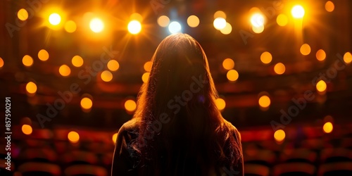 Actress performing monologue on well-lit stage with blurred theater seats in background. Concept Acting, Monologue Performance, Stage Lighting, Theatrical Setting, Blurred Background