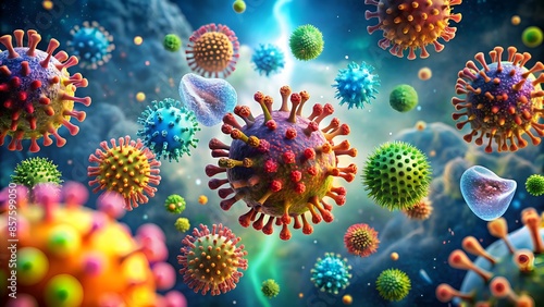 3D Illustration Of A Variety Of Viruses, Including Influenza, Measles, And Hiv.