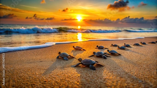 Newly hatched sea turtles making their way to the ocean at sunrise , wildlife, baby animals, nature, conservation