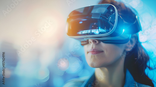 mujer usando lentes de realidad virtual para entretenimiento simulador tridimensional tecnologia cibernetica