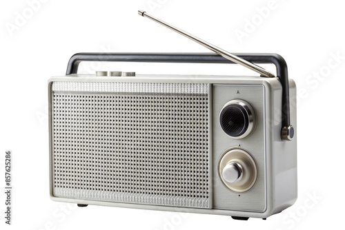 A classic silver portable radio with an extended antenna