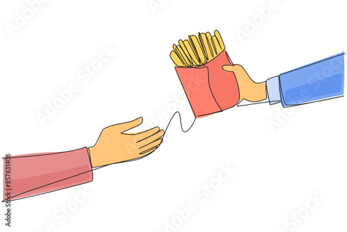Continuous one line drawing hand giving french fries. Snack foods that are cut into long strips. Fast food restaurants. Included in the junk food category. Single line draw design vector illustration