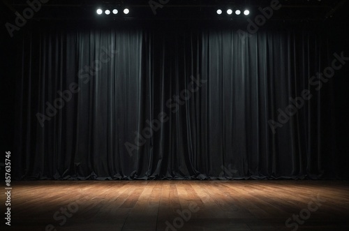 spotlight on a stage with black curtains draped down. wood floor.