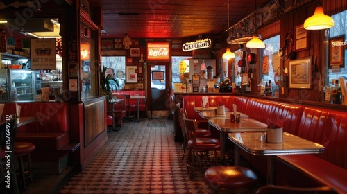 Cozy, retro style diner with vintage decor, red booths, and warm lighting, evoking a nostalgic ambiance of classic American diners.