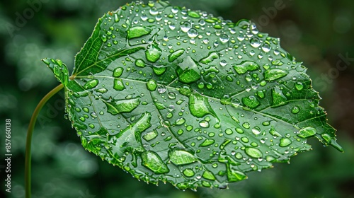 High-resolution image of a green leaf adorned with rainwater droplets, showcasing the detailed leaf structure and the shimmering drops that accentuate the fresh post-rain environment