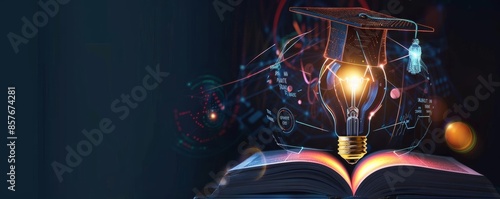 Innovative education concept with light bulb, book, and graduation cap, representing knowledge, learning, and academic success.