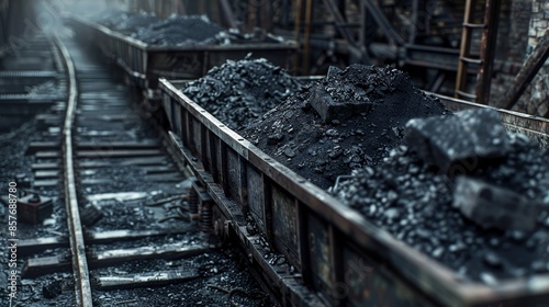 Close-up of coal-filled wagons on railway tracks, transporting mined ore, dark and gritty, raw style, industrial environment