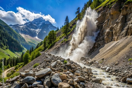 landslide rock fall down on mountain pass. Dangerous natural disaster