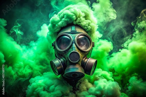 gas mask protection in toxic green smoke 