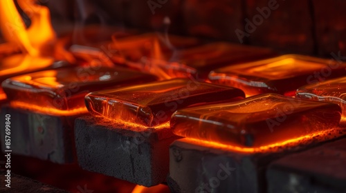 Intricate ceramic tile surfaces showcased in close-up image of kiln firing process, capturing incandescent heat.