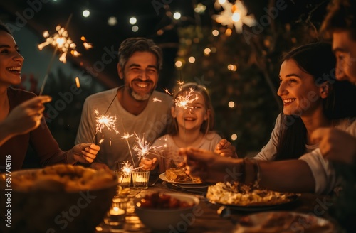 A family is happily celebrating together at night with sparklers, treasuring moments of joy and unity with bright smiles and laughter. The atmosphere is festive and full of love and connection