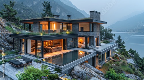 Modern Mountainside Home With Infinity Pool and Lake View at Dusk