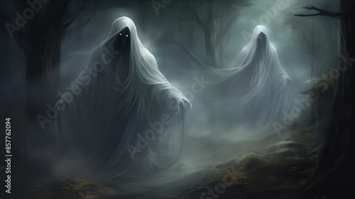 Witness spectral banshees gliding through a misty, eerie forest in this ethereal landscape.
