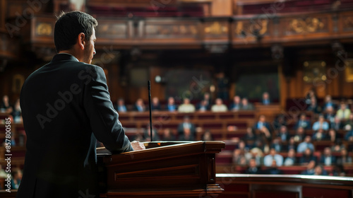 Politician during a speech and presenting the electoral program of his party in parliament