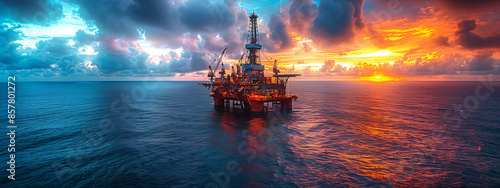 Offshore drilling platform set against a dramatic orange sunset and tranquil sea