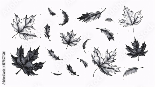 Fall foliage depicted in a whimsical hand-drawn design, with swirling gusts of chilly air and a simple maple leaf outline for use in printing and designing.