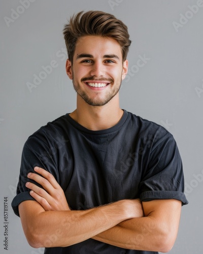 Young Man Portrait. Handsome Smiling Man with Folded Arms in Studio Shot