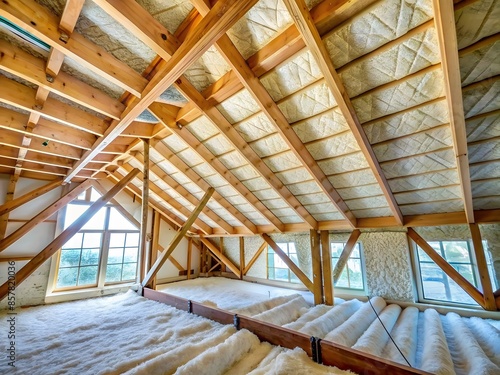 Attic insulation being installed in a new home. cellulose insulation is blown in to cover the attic floor.