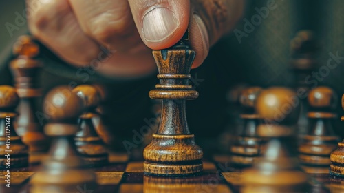 Confident hand pushing pawn forward, initiating chess battle, close-up shot.