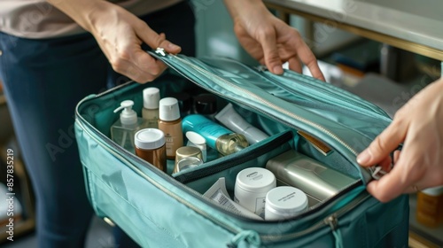 Person carefully packing a travel sized toiletry kit into their suitcase before a vacation or trip The kit contains essential personal care and hygiene items organized in a compact