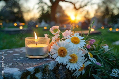 peaceful cemetery scene with candles and flowers placed on gravestones, symbolizing the observance of All Souls' Day.