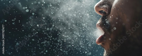 Close-up of a person exhaling misty breath on a cold day, with water droplets visible in the air.