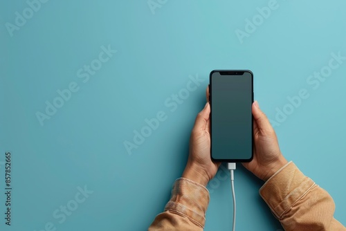  A hand grabs a black smartphone on a light blue background with three white charger cables on the right side of the screen,