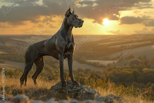 Majestic Great Dane Standing Tall on Hilltop Overlooking Countryside at Sunset