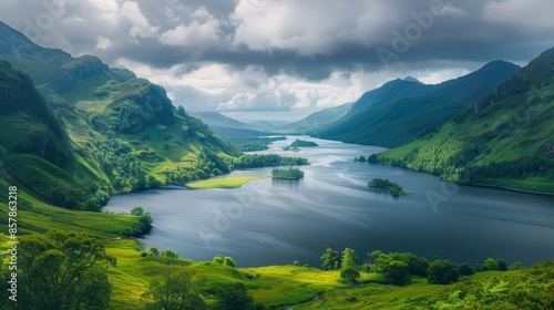 A picturesque backdrop of Loch Ness and Glen Coe in Scotland, showcasing mysterious deep waters, rugged mountain landscapes, lush green valleys, and a dramatic sky, perfect for a breathtaking and