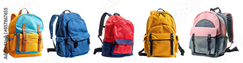 Collection of school backpacks isolated on transparent background