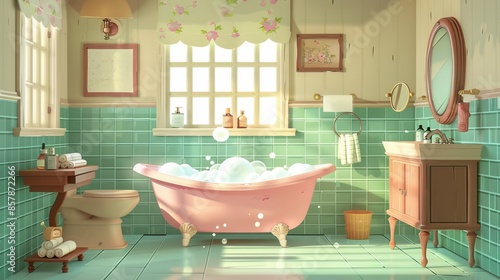Interior of a bathroom with bathtub, toilet, cabinet, mirror, cleaning products, and towels. Cartoon modern shower space with carpet on the floor and window.