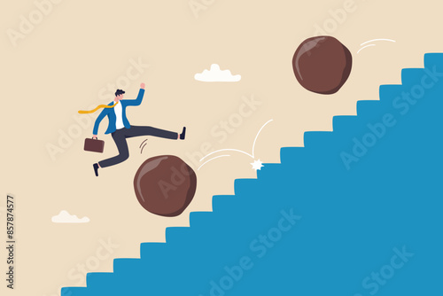 Overcome obstacle, effort or adversity for business growth, difficulty, challenge to win competition, skill or leadership concept, businessman jump over falling boulder to climb up stair of success.