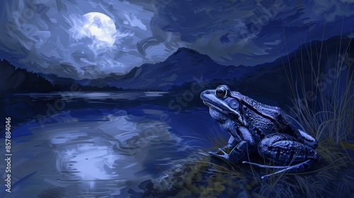 In the moonlight, a frog croaks softly from the edge of a pond, casting a shadow on the flowing water.