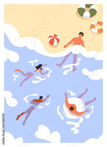 Sea resort poster. People swimming, bathing at summer beach, vacation card design. Chilling, enjoying holiday recreation, relaxation on sand and water waves at seaside. Flat vector illustration