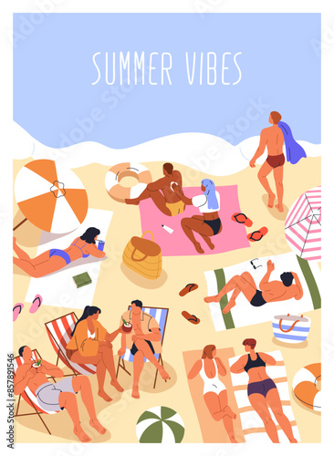 Beach poster, sea resort, summer vacation card. Tourist recreation at seaside, enjoying holiday. People relaxing on chaise lounge, sunbathing, resting. Seacoast leisure time. Flat vector illustration